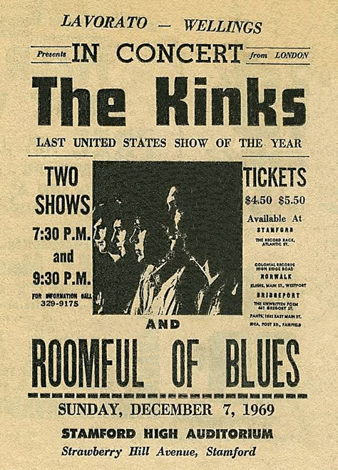 The Kinks 1969 Stamford The Kinks Poster Vintage, The Kinks Aesthetic, The Kinks Poster, The Kinks Band, 1960s Posters, Dave Davies, Concert Flyers, Ray Davies, Old Rock Music