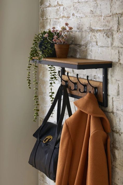 Coat Hanger Ideas Front Entry, Hallway Coat Storage, Coat Hooks Hallway, Small Porch Decor, Coat And Shoe Storage, House Hallway, Black Hallway, Hallway Makeover, Entryway Hooks