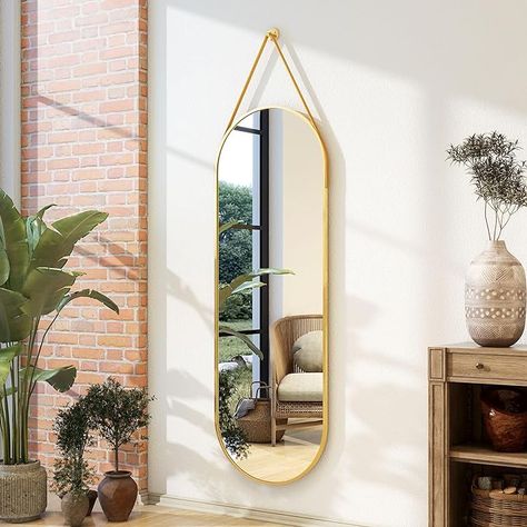 16"x48" Gold Arched Full Length Mirror - Modern Aluminum Frame with Hanging Leather Cord - Ideal for Bathroom, Vanity, Living Room, Bedroom, and Entrance Décor - Hanging Floor Mirror Vanity Living Room, Arched Full Length Mirror, Full Body Mirror, Body Mirror, Bathroom Mirrors, Length Mirror, Entrance Decor, Full Length Mirror, Wall Mounted Mirror