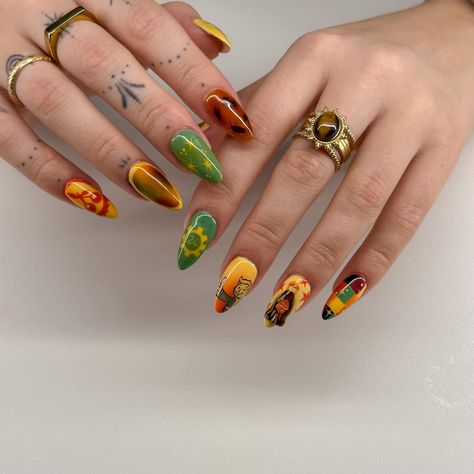 Shout out to the most amazing bf for taking these pictures of my birthday nails!!🤭🤭 But these are my fallout inspired nails🤠☢️👩‍🔧. I am in loveeeee and I can’t wait for yall to see them in person LOL. ***And I did vault 24 because my 24th birthday is tomorrow 🥳!! #fallout #falloutart #fallout4 #fallout76 #fallout3 #newvegas #falloutnails #videogamenails #pipboynails #nukacola #3dnails #nailart #nailtok #nailsofinstagram #nailsvideotutorial #nailsnailsnails #naildesign Fallout Nails, My 24th Birthday, Pretty Fingers, Pip Boy, Fallout Art, Fall Out 4, 24th Birthday, Fallout 3, Inspired Nails