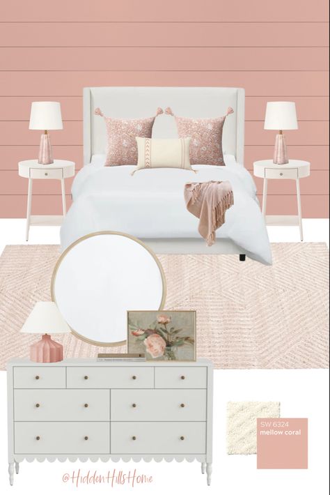 Pink teen girls bedroom decor mood board with a pink accent wall Girls Room Queen Bed, Pink Shiplap Wall, Girls Room Mood Board, Pink Accent Wall Bedroom, Pink Shiplap, Aurora Bedroom, Pink Teen Girl Bedroom, Tufted Headboard Bedroom, Girls Headboard