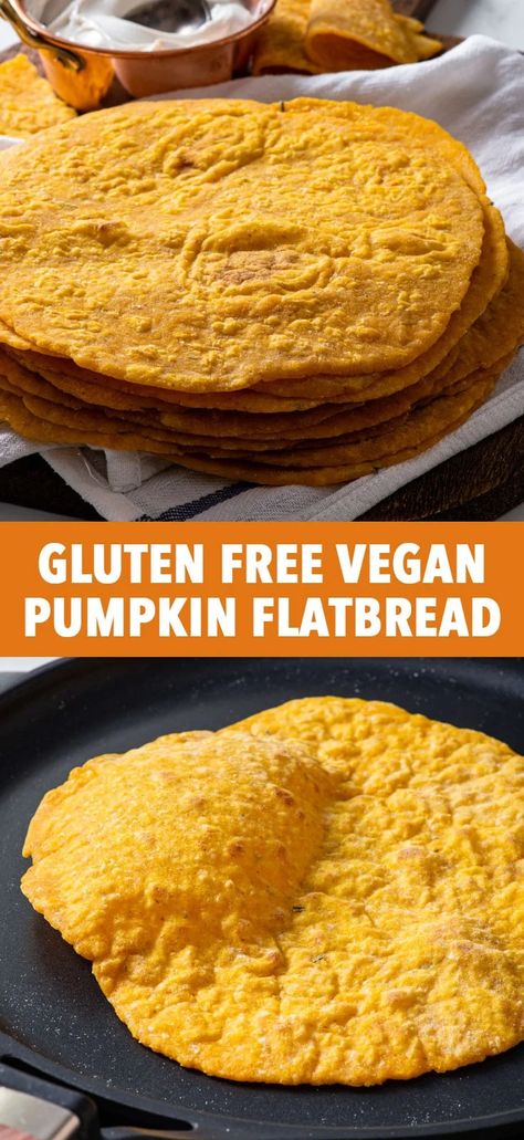 Easy Gluten Free Pumpkin Flatbread - This gluten free pumpkin flatbread is simply PERFECT: super soft and flexible, as well as really quick and easy to make. You need just 8 ingredients, the dough comes together in no time and the flatbreads roll out beautifully, without any cracking, crumbling or tearing. Gluten free vegan recipes. Lunch ideas. Thanksgiving recipes. Thanksgiving side dish. Gluten free flatbread. Gluten free tortillas. Pumpkin tortillas. Gf Pumpkin Roll Recipe, Pumpkin Wrap Recipe, Pumpkin Tortillas, Pumpkin Flatbread, Gluten Free Tortilla Recipe, Winter Sides, The Loopy Whisk, Loopy Whisk, Flourless Desserts