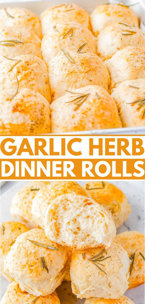 Garlic Herb Rolls - Indulge in the perfect holiday side dish with a basket of homemade garlic and herb rolls! Made with plenty of garlic, fresh rosemary and herbs, these soft dinner rolls are a must-have for family dinners or celebration meals like Thanksgiving and Christmas. Even if you've never made homemade dinner rolls, don't worry because I explain it all and walk you through the steps, and make it EASY for you to master homemade rolls! Celebration Meals, Herb Rolls, Soft Dinner Rolls, Texas Roadhouse Rolls, Puppy Boy, Averie Cooks, Homemade Rolls, Bake Goods, Homemade Dinner Rolls