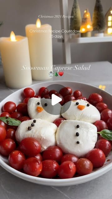 ChampagneAng | Ang Sturino on Instagram: "Holiday Recipe Countdown – 25 Days Until Christmas! ☃️♥️

Bring a little holiday magic to your appetizer table with this Snowman Caprese Salad! ❄️ It’s festive, delicious, and guaranteed to be a hit at your next holiday gathering.

Save this post now and tag someone who needs this recipe!

Here’s how to make it:
❄️ Use 4 medium-sized burrata cheese balls to build your snowmen.
❄️ Add whole peppercorns for the eyes and buttons.
❄️ Cut mini carrot triangles for the noses.
❄️ Use basil leaves for the arms and garnish the plate with cherry tomatoes for extra colour.
❄️ Sprinkle freshly ground Himalayan salt and drizzle with balsamic glaze for that perfect finishing touch!

These snowmen won’t last long—they’re almost too cute to eat!

#christmasrecipes Burrata Snowman Appetizer, Snowman Caprese, Appetizer Table, Appetizers Table, Mini Carrots, Burrata Cheese, Cheese Balls, Days Until Christmas, Balsamic Glaze