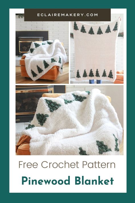 Cuddle up with the coziest blanket ever: the Pinewood Blanket, a free crochet blanket pattern! Made from faux fur, and featuring adorable chunky bobble pine trees, it's the perfect crochet blanket to use this winter. This free crochet blanket uses intarsia crochet to create the bobbles, and has a nice and easy construction. Find the free pattern on my blog by clicking this pin. #freecrochetblanket #crochetblanketpattern #christmascrochetblanket #crochetchristmaspattern #crochetblanket Change Colors In Crochet, Christmas Crochet Blanket, Crochet Throw Pattern, Crochet Tree, Crochet Stitches For Blankets, Crochet Blanket Designs, Crochet Blanket Pattern, Crochet Christmas Trees, Holiday Crochet