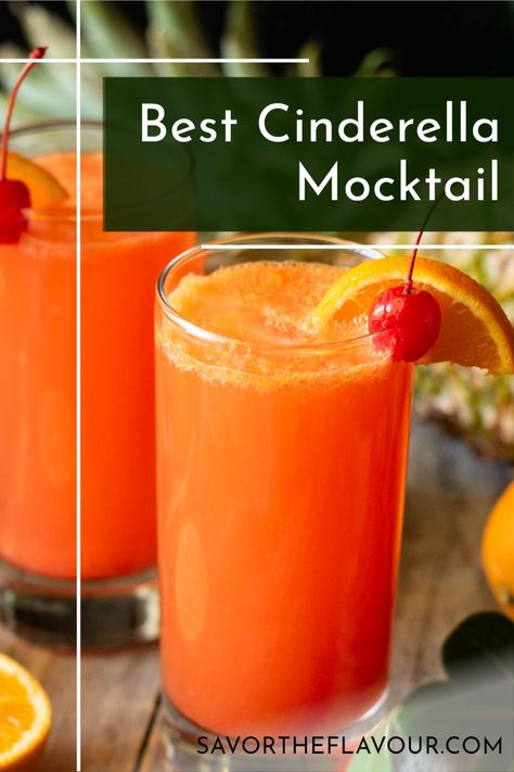 Cinderella mocktail is a fun and fruity non alcoholic drink that’s perfect for a bridal shower or baby shower. Orange juice, lemon juice, ice cubes, and a few other delicious ingredients is all it takes to make this lovely drink fit for a princess. Cinderella Mocktail, Cinderella Drink, Easy Mocktail Recipes, Juice Ice Cubes, Sparkling Mineral Water, Mocktail Recipes, Juice Ice, Drink Recipes Nonalcoholic, Beverage Recipes