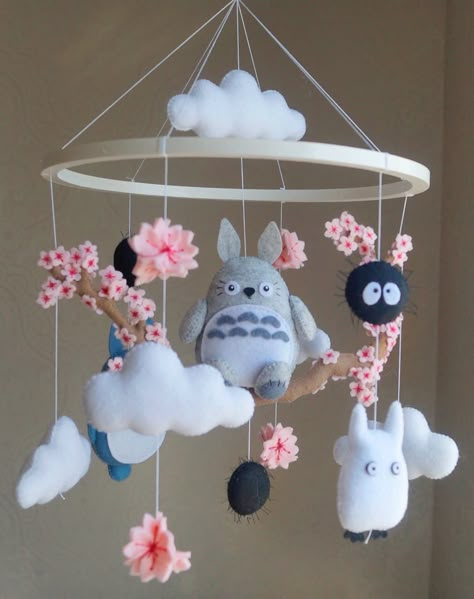 Totoro baby mobile, Totoro nursery, Totoro Sakura mobile, Totoro decor, studio ghibli Studio Ghibli Diy, Totoro Crafts, Totoro Nursery, Crib Mobile Girl, Mobile Girl, Baby Boy Mobile, Modern Mobile, Anime Mobile, Baby Room Inspiration