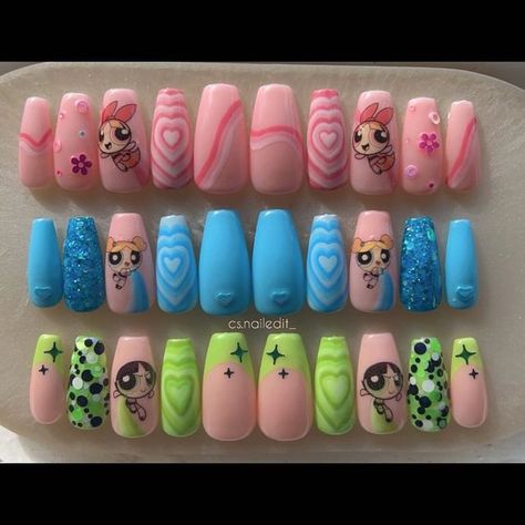 Press Ons Nails Design, Challenging Nail Designs, Power Puff Nail Art, Dum Dum Nails, Power Puff Acrylic Nails, Power Puff Nails, Brave Nails, Bubbles Powerpuff Nail Art, Powerpuff Inspired Nails