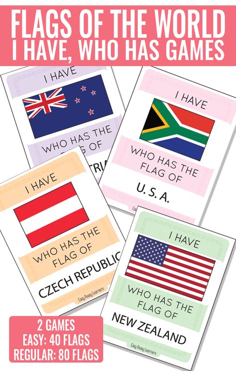 I Have Who Has Flags Game Geography Games For Kids, Teaching Social Studies Middle School, Social Studies Games, Fun Classroom Games, Geography Games, History Games, School Age Activities, Flag Game, Geography Activities