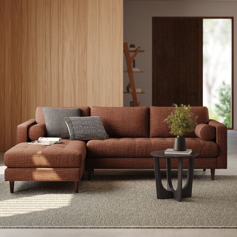 Sven 100" Tufted Left Sectional - Napa Rust Sofa Article, Article Couch, Charcoal Couch, Mexican Living Room, Article Sofa, Brown Leather Couch Living Room, Dark Brown Floor, Brown Leather Couch, Brown Couch Living Room