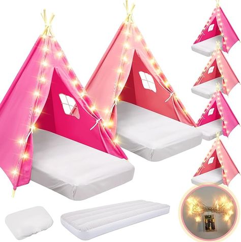 Amazon.com: Lemosae 6 Pack Teepee Tent for Kids Bulk with Inflatable Airbed,String Light and Fitted Sheet, Natural Cotton Washable Toddler Play Tent for Girls Boys Slumber Party Indoor Outdoor(Pink, White) : Toys & Games Slumber Party Tents, Toddler Play Tent, Toddler Teepee, Toddler Tent, Sleepover Tents, Birthday Sleepover Ideas, Childrens Teepee, Indoor Tents, Sweet Sixteen Birthday Party Ideas