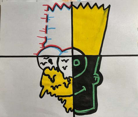 4 part Bart Simpson with glitch, normal, glow, and drip Glitch Art Drawing, Trippy Drawing Ideas Easy Led Lights, Drip Drawing Ideas, Bart Simpson Canvas Painting, Drip Drawing, Bart Simpson Drawing, Marker Art Trippy, Trippy Simpsons Painting, Bart Simpson Painting Canvas Trippy