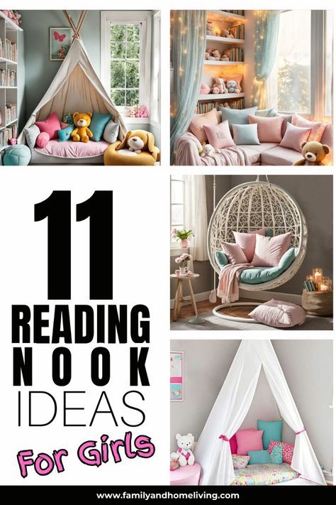 Set the mood for a cozy reading session with these enchanting reading nook ideas. Here you will find easy reading nook decor ideas that you can use to create a book worm paradise #readingnookforgirls #cozyreading #cozydecor Corner Window Reading Nook, Princess Reading Nook, Teenage Reading Nook, Pastel Reading Nook, Book Nook Ideas For Kids, Kallax Reading Nook, Cosy Nook Ideas, Tiny Reading Nook In Bedroom, Child Reading Nook