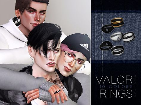 Pralinesims' Valor Rings Sims 4 Cc Accessories Rings Male, Mens Wedding Bands Brushed, Male Rings, Male Sims, Sims 4 Men Clothing, Sims 4 Cc Eyes, Mens Wedding Bands Unique, Skater Boy, Sims 4 Cas