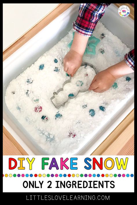 DIY Fake Snow Recipe for messy play that only needs 2 ingredients! This EASY recipe can be made in less than 2 minutes & is the perfect winter sensory play idea for preschool, pre-k, & kindergarten. You probably already have these simple ingredients at home (baking soda & white hair conditioner) that you mix together to create silky-smooth & COLD fake snow! Pair this DIY Snow with any FREE winter preschool printable (this post includes 4 freebies) for hours of learning, play, and FUN! #sensory Play Snow Recipe, Polar Animals Activities, Fake Snow Recipe, Winter Sensory Play, Sensory Snow, At Home Baking, Winter Sensory Bin, Messy Play Activities, Snow Recipe