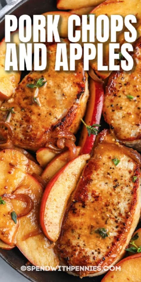 These Fried Pork Chops are super easy to make! Pan-fry pork chops until brown, then simmer with apples & onions in an apple-dijon sauce! #spendwithpennies #friedporkchops #recipe #maindish #easy #best #skillet Apple Pork Chop Recipes, Pork Chops And Apples, Pork Chops With Apples, Pan Fried Pork Chops, Dijon Sauce, Easy Pork Chops, Apple Pork Chops, Easy Pork Chop Recipes, Pork Chop Recipes Baked