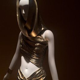 Evening Gown | Autumn-Winter 1991 | Yves Saint Laurent rive gauche | gold silk lame sari-style dress with bodice draped to form a hood and skirt draped at the hips Hooded Evening Gown, Saint Laurent Hoodie, Sari Style, Hood Dress, Cat Suit, Skirt Draping, Ideal Closet, Rive Gauche, Gold Silk