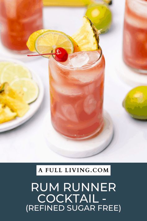 A fun and fruity cocktail recipe without all the added sugar. This rum runner cocktail is vibrant and delicious, without all the calories! #RumRunner #RumCocktails #RefinedSugarFree Low Carb Liquor, Fruity Cocktail Recipes, Low Carb Bars, Rum Runner, Fruity Cocktail, Low Carb Cocktails, Recipe Low Carb, Rum Cocktails, Fruity Cocktails