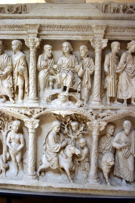 Detail - cast of the central sections of the Sarcophagus of Junius Bassus, with Traditio Legis and Jesus entering Jerusalem. Early Christian Art, Historical Sculptures, Cathedral Architecture, Christian Artwork, Byzantine Art, Roman Art, A Level Art, Art Appreciation, Medieval Art