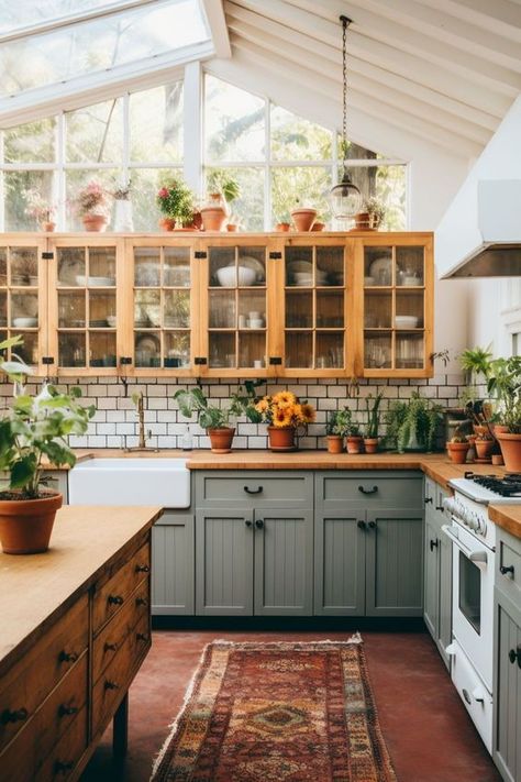 Small Home Kitchen Ideas Tiny Spaces, Mismatch Kitchen Cabinet, Small Cottage Kitchen Ideas Layout, Kitchen Aesthetic Minimalist, Boho House Interior, Hygge Kitchen, Witchy Apothecary, Apothecary Kitchen, Rustic Kitchen Ideas