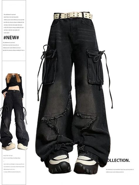 30.8US $ 44% OFF|Women's Black Gothic Baggy Cargo Jeans with Star Harajuku Y2k 90s Aesthetic Denim Trousers Emo 2000s Jean Pants Vintage Clothes| |   - AliExpress Emo Pants, Jeans With Star, Y2k 90s Aesthetic, Baggy Cargo Jeans, 2000s Jeans, Emo 2000s, Hip Hop Pants, Winter Jeans, Pants Vintage