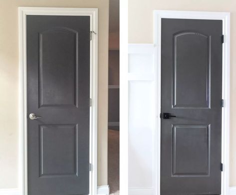 Grey Doors With Black Handles, What Color Hardware For Black Door, Black Door Black Handle, Black Interior Doors With Silver Hardware, Black Door Silver Hardware, Hardware For Black Doors, Charcoal Grey Interior Doors, Dark Gray Interior Doors, Best Black Behr Paint For Interior Doors