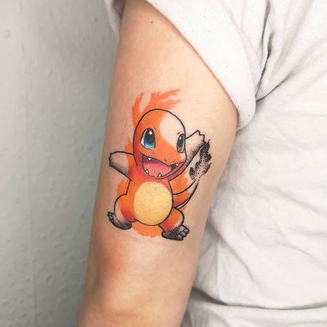 Pop Culture & Realism Tattoos on Instagram: “Mixed style Charmander for Tace 🥰🔥 . . . . . . . . #charmander #charmandertattoo #mixedstyletattoo #dotwork #dotworkcolour #pokemontattoo…�” Charmander Tattoo, Siblings Tattoo For 3, Charizard Tattoo, Sibling Tattoos For 3, Pokemon Sleeves, Thigh Tattoo Quotes, Pokemon Tattoos, Pikachu Tattoo, Gamer Tattoos