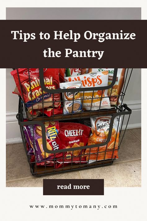 Pantry organization snack baskets How To Store Chips Pantry, Pantry Chip Bag Organization, Chip Bag Organization, Snack Bin, Ritz Bits, Organize Your Pantry, Cereal Containers, Pantry Shelf, Cheez It