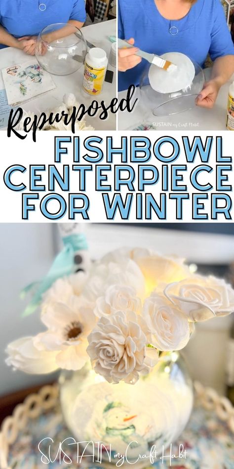 Repurposed Fishbowl Centerpiece for Winter – Sustain My Craft Habit Fish Bowl Vase Ideas, Fish Bowl Centerpiece, Fishbowl Craft, Fish Bowl Decorations, Fishbowl Centerpiece, Wedding Shower Centerpieces, Fish Bowl Vases, Christmas Wedding Centerpieces, Snowflake Centerpieces