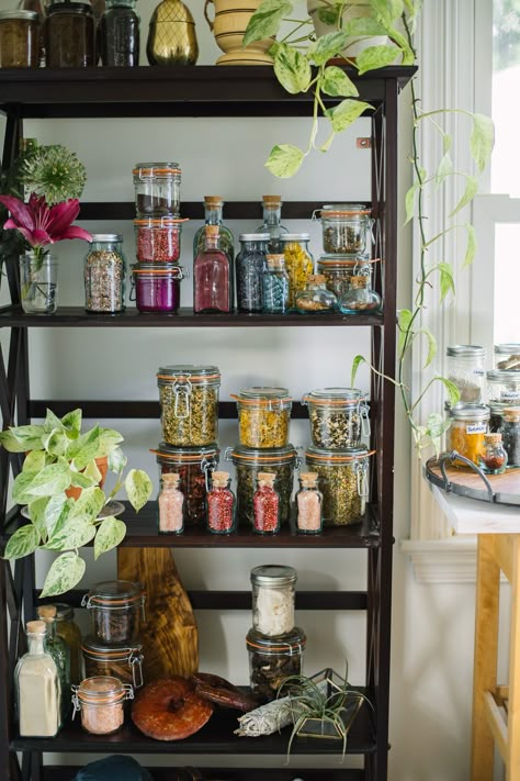 My Boho Chic Open Shelving Pantry for Superfoods, Herbs and Teas Open Shelving Pantry, Shelving Pantry, Herbal Kitchen, Unique Shelving, Kitchen Boho, Shelving Display, Tea Herbs, Herb Storage, Tea Display