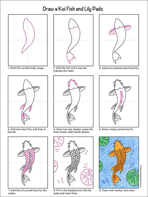 Koi Fish Step By Step, Koi Fish Art Project, Koi Fish How To Draw, Koi Tutorial, Koi Fish Drawing Step By Step, Koi Pond Painting Easy, Chinese Fish Drawing, How To Paint Koi Fish In A Pond, Easy Koi Fish Drawing