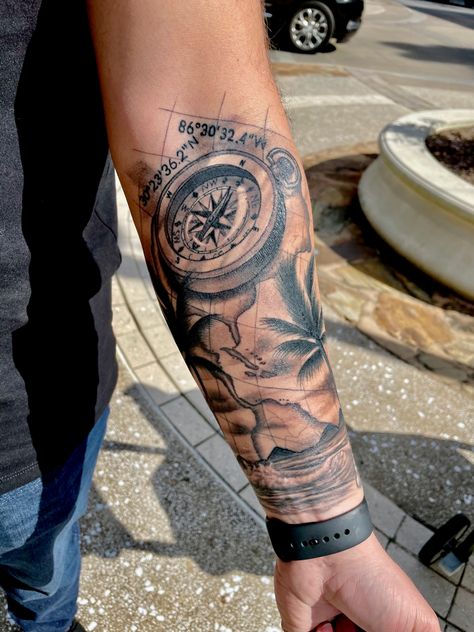 Nature And Water Tattoo, Palm Tree Half Sleeve Tattoo, Realism Palm Tree Tattoo, Compass With Trees Tattoo, Compass And Palm Tree Tattoo, Water Forearm Tattoo, Compass Palm Tree Tattoo Design, Beach Compass Tattoo, Palm Tree Tattoo Men Forearm