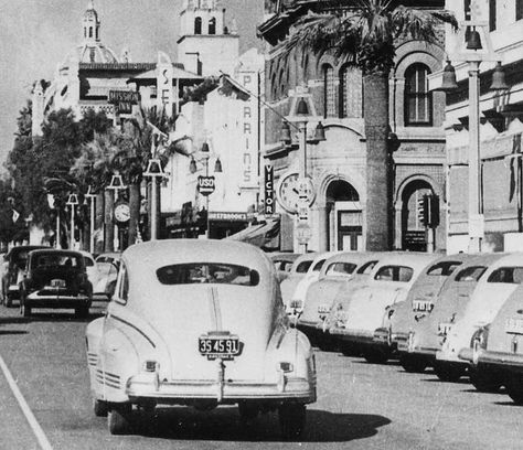 Downtown Riverside - 1940s by RXSQ, via Flickr Downtown Riverside, History Pics, Board Walk, Old Drawings, Mission Inn, Fairlane 500, Seth Thomas, Riverside California, Centennial Park