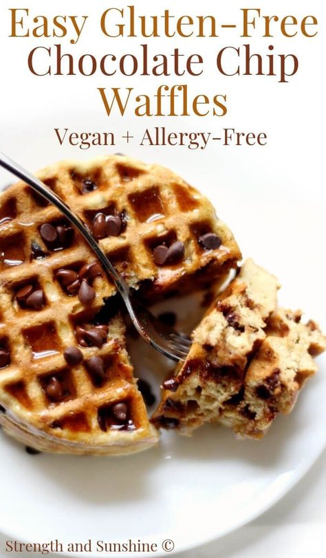 Easy Gluten-Free Chocolate Chip Waffles (Vegan, Allergy-Free) | Strength and Sunshine @RebeccaGF666 Quick and easy Gluten-Free Chocolate Chip Waffles that are vegan, allergy-free, and freezer-friendly! A great homemade breakfast recipe you can make-ahead for busy mornings and enjoy by just popping them in the toaster! The kids will love them and so will you! They're healthy, simple, and low in sugar! #waffles #chocolatechipwaffles #glutenfreewaffles #easywaffles #homemadewaffles Chocolate Chip Waffle Recipe, Low Carb Vegan Breakfast, Waffles Vegan, Homemade Breakfast Recipes, Chocolate Chip Waffles, Vegan Breakfasts, Gluten Free Waffles, Homemade Waffles, Gluten Free Chocolate Chip