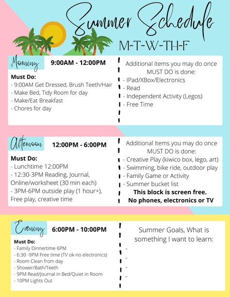 Summer Schedule For Kids 9-12, Middle Schooler Summer Schedule, Summer Activity List For Kids, Summer Responsibilities For Kids, Summer Schedule Kindergarten, Summer Must Do List For Kids, Summer Break Routine For Kids, Summer Babysitting Schedule, Summer Meal Planning For Kids