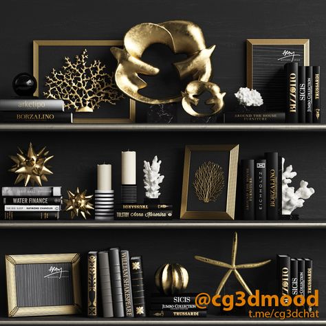 Glam Shelf Decor, 3d Videos, Turquoise Living Room Decor, Black Shelf, Gold Shelves, Shelf Decor Living Room, Living Room Door, Decorative Set, Bookcase Decor