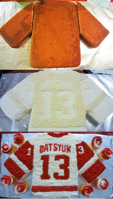 Meg's Cakes and Bakes! Jersey Cake, using 2 9x9 pans, (1/4 of a cake is wasted)... Detroit Red Wings! Hockey Birthday Cake, Hockey Cakes, Hockey Birthday Parties, Jersey Cake, Hockey Party, Hockey Birthday, Sport Cakes, Highschool Aesthetic, Cake Pan