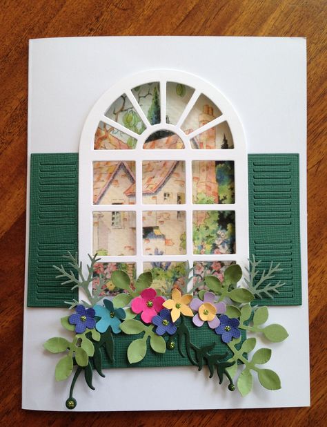 Window Paper Craft, Window Cards Handmade, Garden Scrapbook, Garden Conservatory, Window Shutter, Garden Window, Window Cards, Die Cut Cards, Diy Creative Crafts