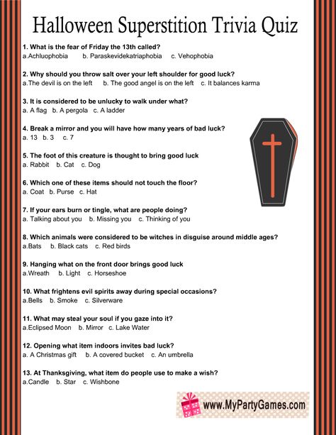 Halloween Trivia Games For Adults, Halloween Superstitions, Superstition Party, Halloween Jeopardy, Movie Night And Dinner, Halloween Trivia Questions, Halloween Questions, Halloween Quiz, Halloween Trivia