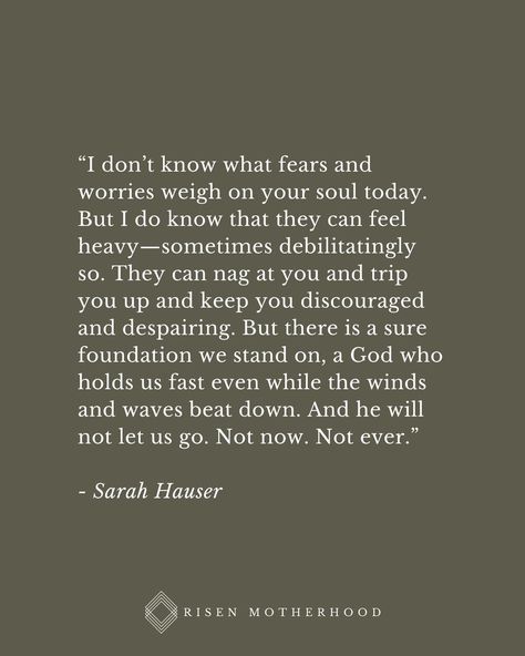 When You Fear the Worst in Motherhood | Risen Motherhood | "As moms, we carry worries not only about our lives but also the lives of our kids. The weight of all of that can crush us––but it doesn’t have to. We will grieve, mourn, and lament, of course. We are broken people living in a fallen world, and we will not escape that heartache until Christ comes again. But in the meantime, fear and worry need not come along for the ride." ... Read more on Instagram @risenmotherhood Fear Of Being Forgotten, My Biggest Fear Is Losing My Parents, Worrying About Kids Quotes Mom, Loosing Yourself In Motherhood Quotes, When Your Kids Hurt You Mothers, Fear Based Parenting, Relationship Repair, Worry Quotes, Fear Quotes