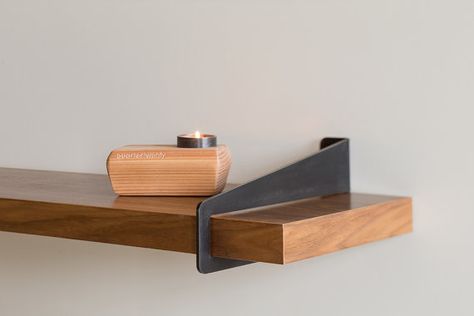 Crafted from the cutout sides of our award winning Giddyup stool, this clean and simple folded steel design allows you to slide a plank of wood from the lu Wall Shelf Brackets, Shelving Solutions, Modern Shelf, Wood Ideas, Wooden Shelf, Bookcase Shelves, Metal Projects, Furniture Details, Steel Furniture