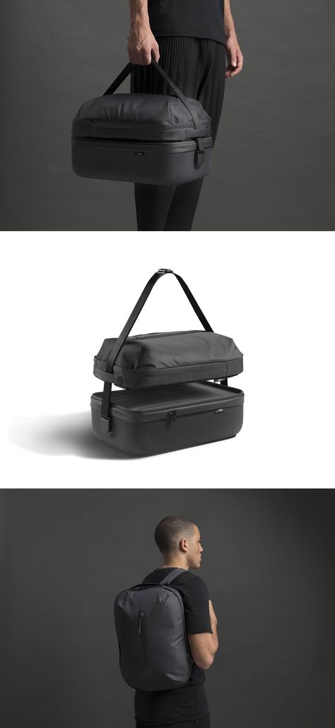 An ingenious modular backpack and travel bag design you’ll want to take with you everywhere.  Established by Hong Kong-based studio Pinn, Oda is a new brand that aims to make products for better living, working, and traveling. Their first product fulfills all of these goals, and then some. Designed by Benjamin Hubert of London-based @layer_design, Hop is a cleverly engineered modular backpack and travel bag system that effectively provides a 3-in-1 product.  #productdesign #minimal #travelbag Innovative Bag Design, Modular Bag Design, Modular Product Design, Travel Bag Design, Backpack Design Concept, Modular Clothing, Modular Bag, Modular Backpack, Everyday Carry Bag