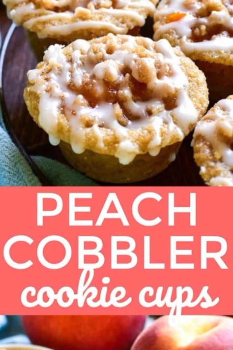 yummy peach cobbler cookie cups follow link below for recipe! Mini Peach Pies, Peach Cookies, Cookie Cups Recipe, Peach Pie Filling, Cookie Base, Lunchbox Treats, Dessert Bites, Peach Desserts, Bite Size Desserts