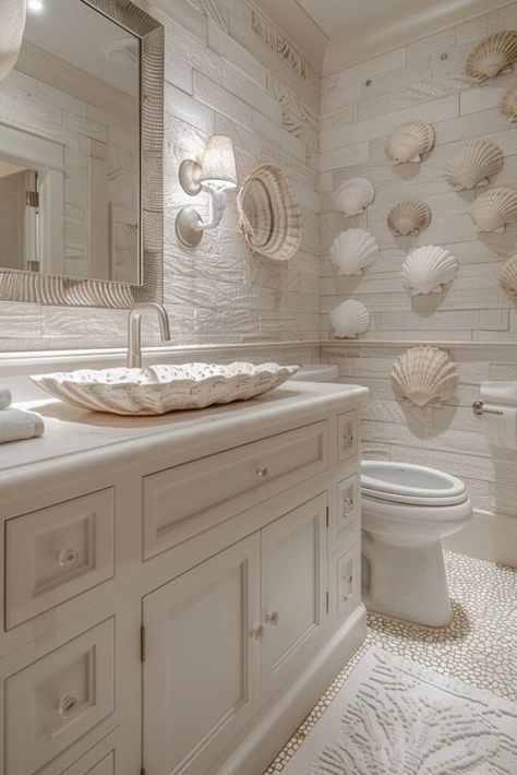 Seashell Serenity Bathroom Serenity Bathroom, Beach Bathroom Decor Ideas, Small Beach Bathroom Ideas, Small Beach Bathroom, Coastal Powder Room, Ocean Bathroom, Beach House Bathroom, Shower Tiles, Ocean Home