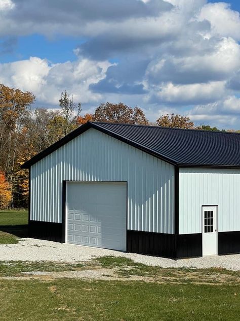 White Metal Shop Building, White Metal Garage, Black Pole Barns, Party Barn Ideas, Car Garage Plans, 3 Car Garage Plans, Barn Exterior, Shed Colors, Metal Shop Building