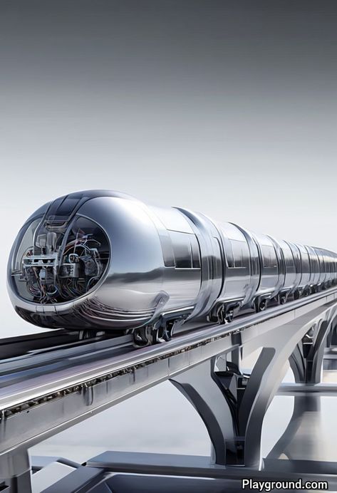 Futuristic Reflective Silver Hyperloop Train on Elevated Track - Playground Hyperloop Train, Futuristic Train, Cool Dance Moves, Cool Dance, Ads Creative, Dance Moves, Track, Custom Design, Train