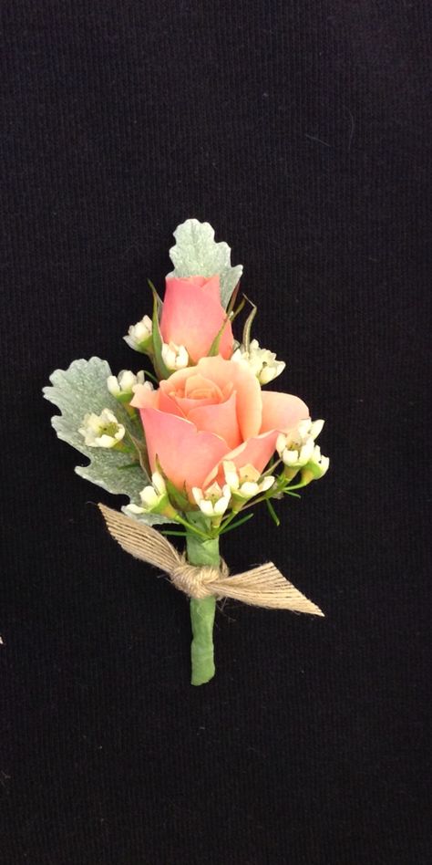 Coral spray roses, and white wax flower boutonniere with burlap accent by Nancy at Belton hyvee. Wax Flower Boutonniere, Wedding Flowers Candles, White Wax Flower, Coral Wedding Themes, Peach Wedding Colors, Flower Girl Wreaths, Prom Corsage And Boutonniere, Flower Boutonniere, Modern Wedding Flowers