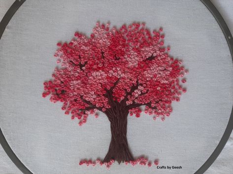 Step by step tutorial to stitch this cherry blossom tree can be found in YouTube. #cherryblossom #Tree # #HandEmbroidery # Embroidery Cherry Blossom Tree Embroidery Pattern, Hand Embroidery Tree Designs, Cherry Tree Embroidery, Embroidery Trees Tutorials, Easy Embroidery Patterns For Beginners, Embroidery Tree Pattern, Cherry Blossom Tree Embroidery, Blossom Tree Embroidery, Cherry Blossom Embroidery Pattern