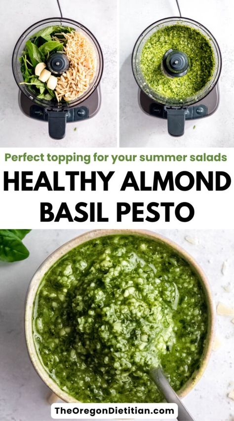 Take your summer meals to the next level with this simple, nutty almond basil pesto recipe. Made without pine nuts, this pesto is not only packed with fresh flavors but also perfect as a healthy and budget-friendly topping. Made with just 6 ingredients, enjoy the flavors of fresh basil and rich parmesan combined with the crunch of almonds. Make this simple pesto recipe today! #summerrecipes #homemadepesto Basil Pesto Recipe Without Pine Nuts, Simple Pesto Recipe, Pesto With Almonds, Almond Pesto Recipe, Basil Pesto Recipe, Almond Pesto, Healthy Pesto, Basil Pesto Recipes, Vegan Parmesan Cheese