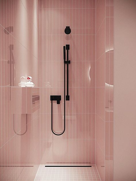 Pink and black is so classic! This works so well with the pink wall tile and matte black fixtures! Black Apartment, Pink Bathrooms Designs, Koti Diy, One Room Apartment, Bad Inspiration, Pink Tiles, European Home Decor, Decor Studio, Apartment Bathroom